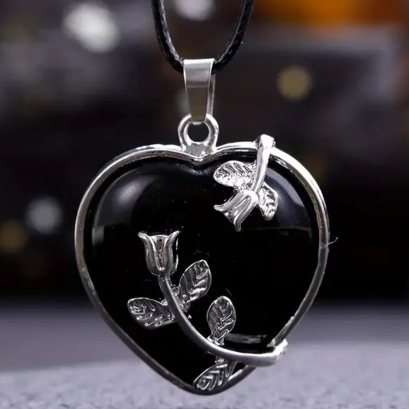 Jewelry - Black Obsidian Natural Gemstone Flower Heart Pendant Necklace Healing Gemstone